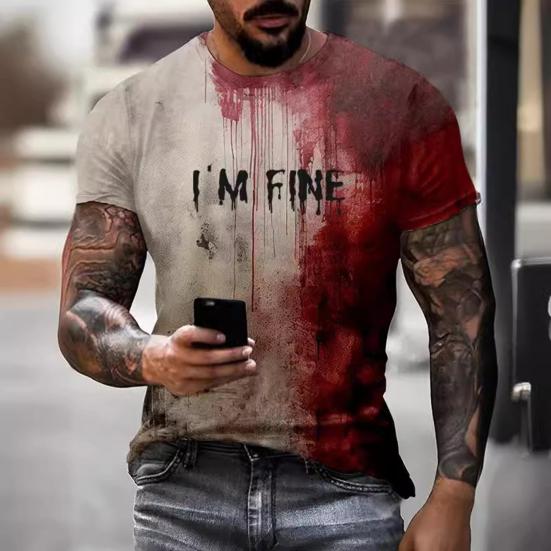 Men Halloween T-shirt Spooky Crew Neck Short Sleeve Tee Blood Stain Print T-shirt for Halloween Dress-up Horror Themed Party