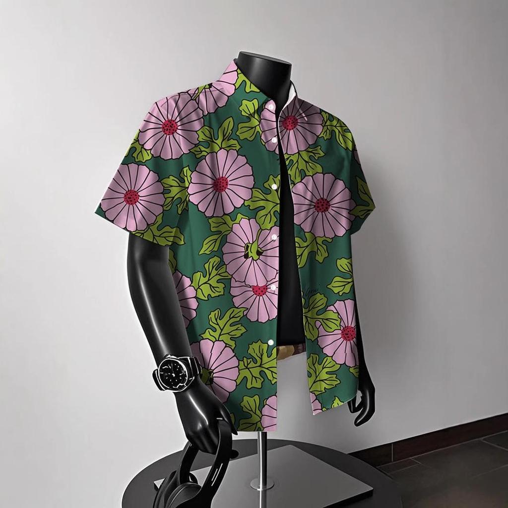 Men's Vintage Hong Kong-Style Hawaiian Floral Short-Sleeve Shirt: Trendy Summer Beachwear for Couples