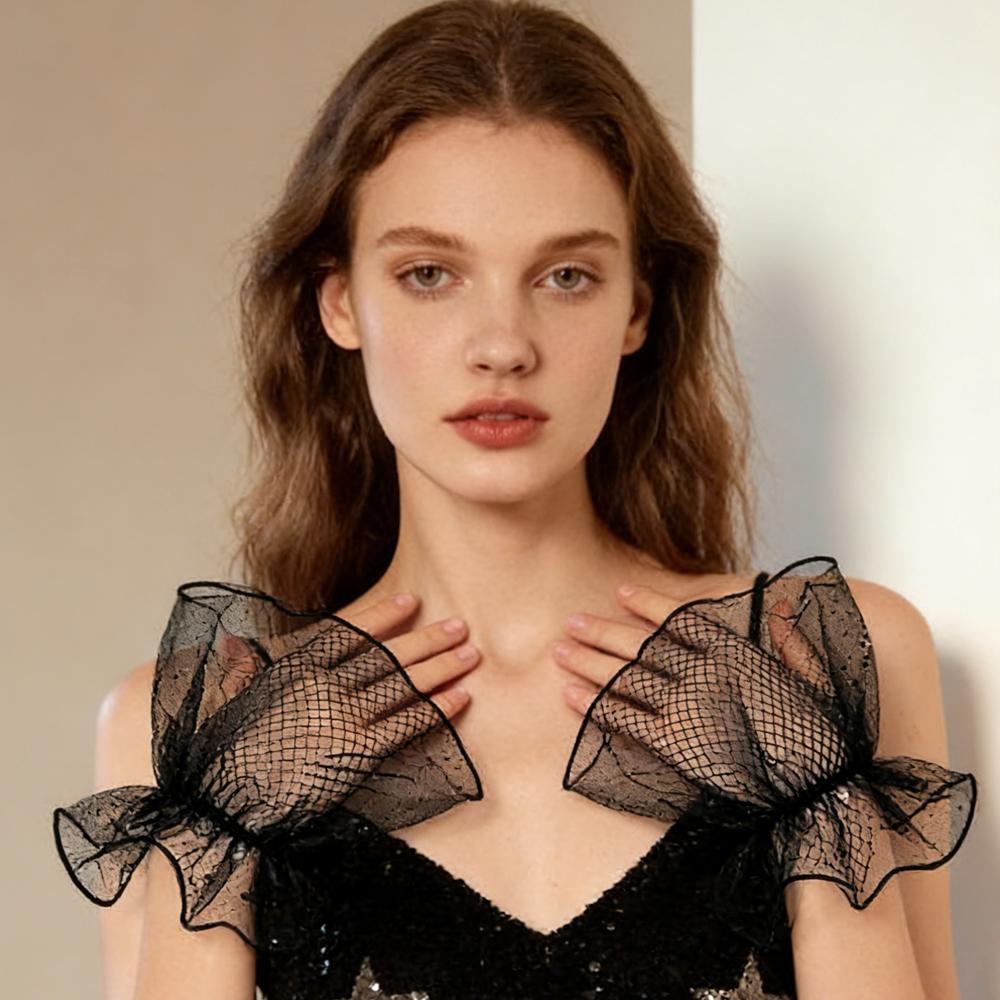1Pair Sheer Detachable Cuffs Mesh Fake Flared Sleeves Tulle False Cuffs For Women Performance Runway Show Dress Accessories
