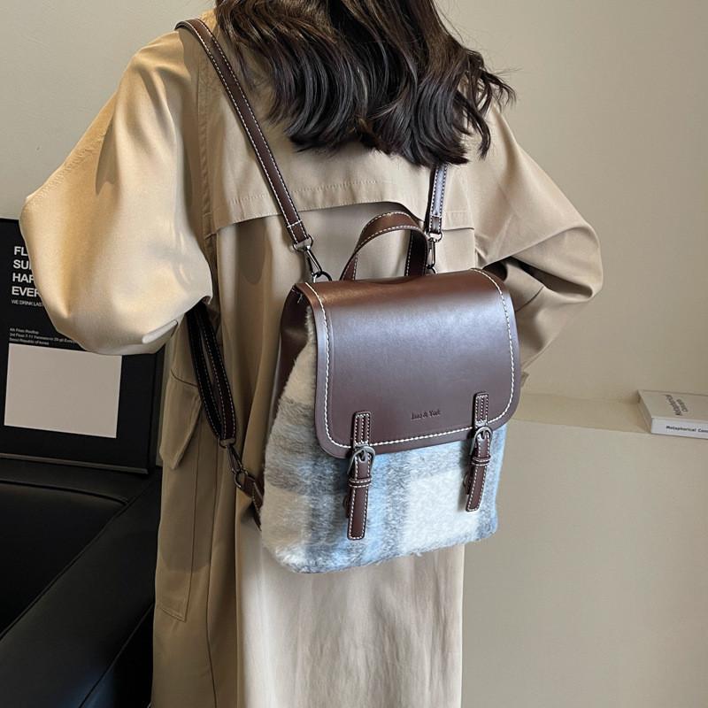 

New Winter Collection Mini Plaid Patchwork Backpack For Fashionable Women Blue