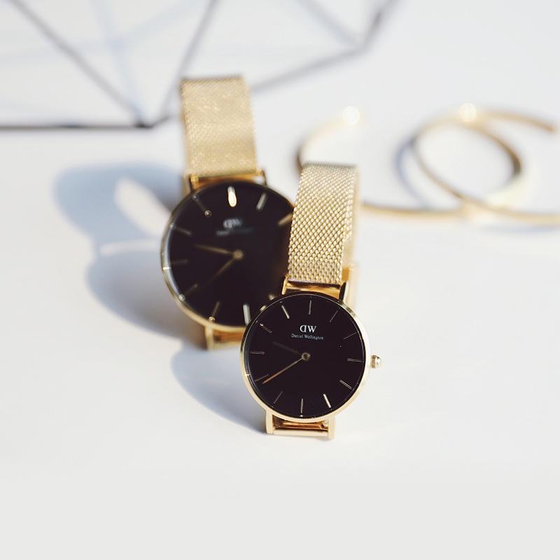 DANIEL WELLINGTON PETITE Series Flowing Gold Watch, Watch, Quartz Movement, Stainless Steel Strap, Black Dial, Men's Watch, Braided, Cool DW00100303
