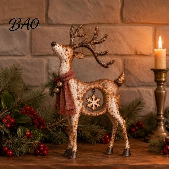 Retro Style Xmas Mantel Accents Rustic Christmas Reindeer Figurine, Resin Statue with Hanging Snowflake, Red Handcrafted Ornaments Scarf And
