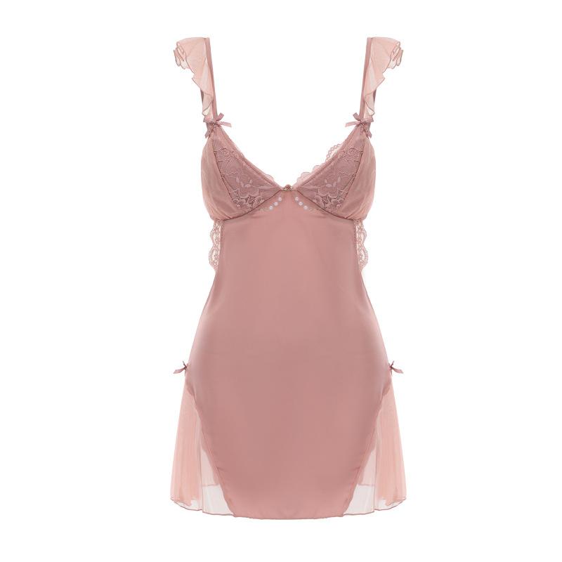 Women's Sheer Mesh Side Slit Padded Backless Cami Sleep Dress with Robe Lounge Set