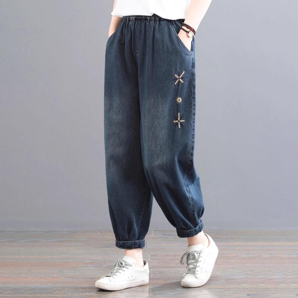 Women's Spring Summer Loose Cuffed Faded Plus Size Elastic Waist Casual Denim Lantern Pants Harem Pants