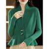 K-style Work Clothing Black Fall and Winter New V Neck Two Buttons Silm Short Ruffles Knitting Cardigan Sweater Outwear