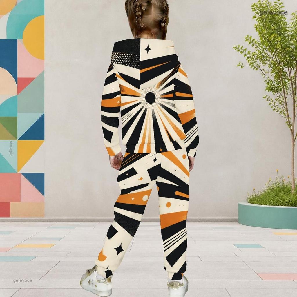 Girls Geometric Printed Hooded Long Sleeve Two Piece Tracksuit Kangaroo Pocket Cuffed Pants Set