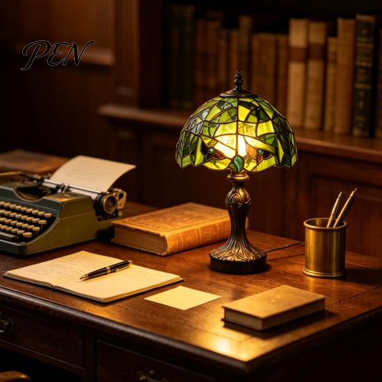Decorative Lighting for Bar Retro Green Stained Glass Desk Lamp, Hand-Carved Resin Base Vintage Tiffany Style Lamp Table Light Bedroom Study Room And