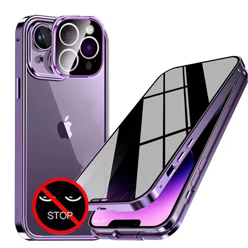 Metal Magnetic Privacy Phone Case For Iphone 17 16 15 14 13 12 11 Pro Max Plus XS 8 7 Anti-Peep Tempered Glass Lens Protection