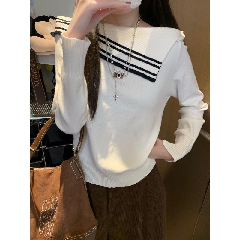 French High-end Slant Collar Off-shoulder Contrast Striped Sweater for Women Loose Slim and Versatile Long-sleeved