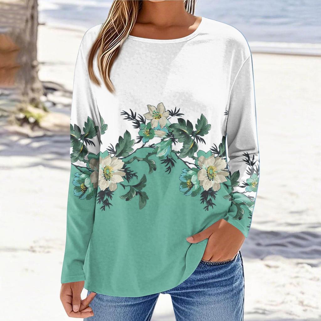 Damen Modisches Lässiges Bedrucktes Langarm Rundhals Oberteil Rundhals Oberteil Top