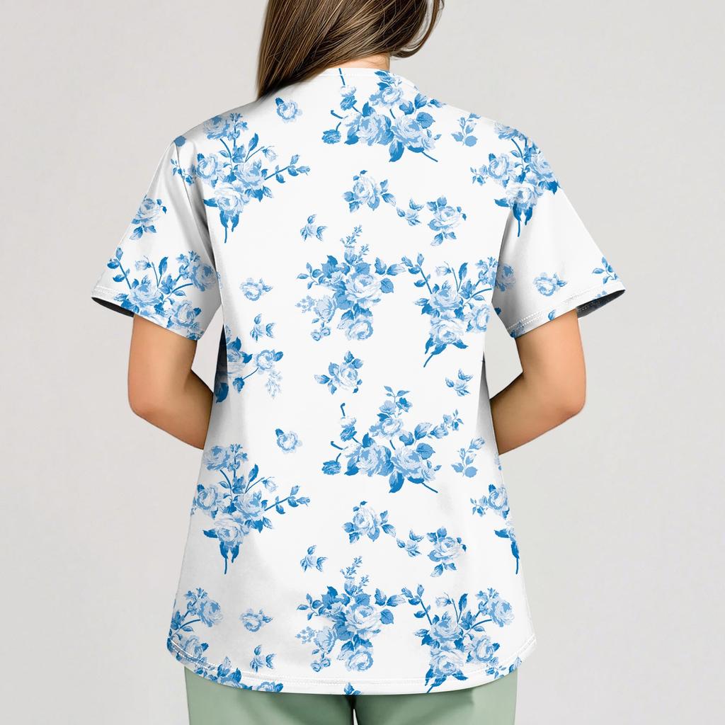 Tops Uniforme da Lavoro Stampati Taglie Forti per Donna Scollo a V Incrociato Manica Corta T-shirt Divertenti Camicia da Lavoro con Tasche