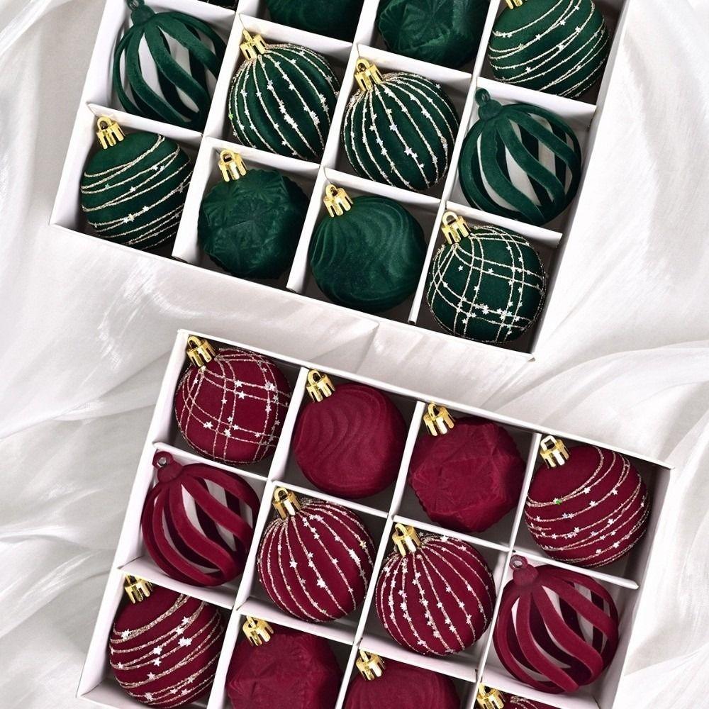 12pcs Hand-Painted Velvet Spheres Pendant Flocking Christmas Ball Ornaments Home Decor
