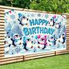 Fondo de Feliz Cumpleaños de Pingüino Lindo 2D, Pancarta Decorativa para Fiesta Invernal de Nieve