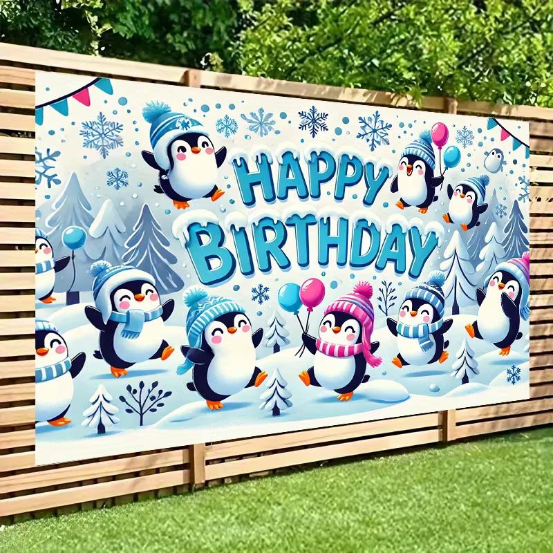 Fondo de Feliz Cumpleaños de Pingüino Lindo 2D, Pancarta Decorativa para Fiesta Invernal de Nieve