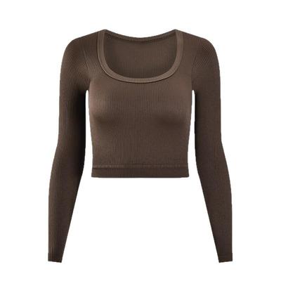 Quadratischer Ausschnitt Schulterfrei Geripptes Yoga Langarmtop