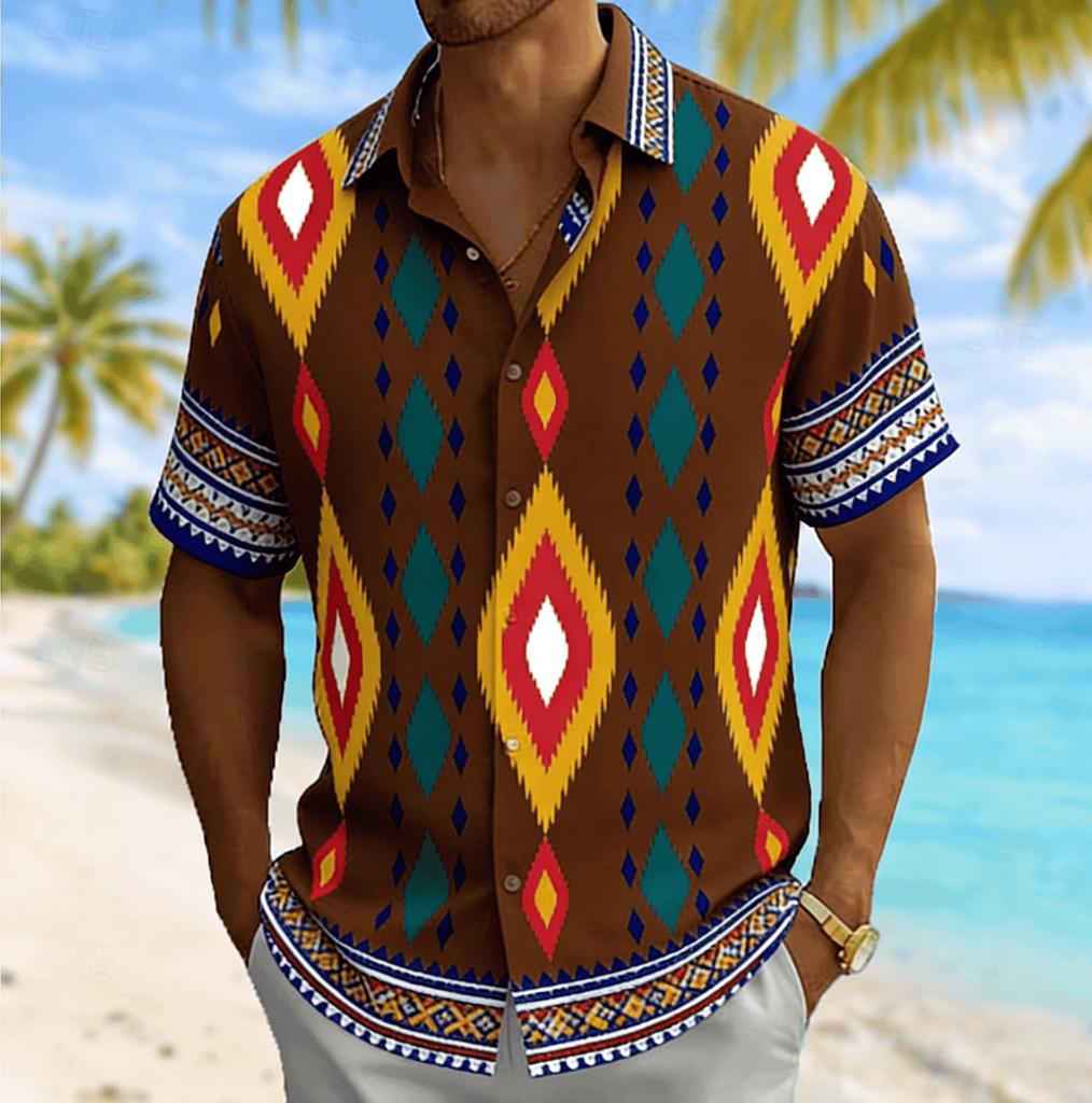 Men's Ethnic Diamond Geometric Print Short Sleeve Shirt, Spring Summer Casual Vacation Turn-Down Collar Blouse, Loose Fit Top
