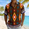 Men's Ethnic Diamond Geometric Print Short Sleeve Shirt, Spring Summer Casual Vacation Turn-Down Collar Blouse, Loose Fit Top