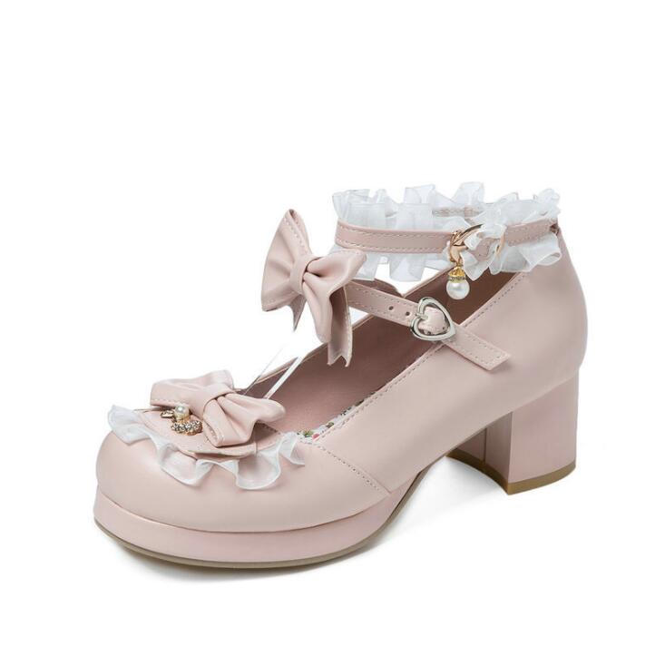 Girls' Shoes Ladies Heels Platform Cute Bow Lace Princess Mary Jane Lolita Shoes Party High Heel Buckle Women Pumps Pink 30-43