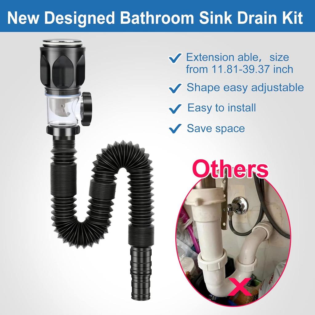 Sink drain kit with flexible expandable P trap drain pipe bathroom sink drain kit