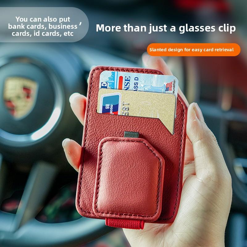 Car Magnetic Glasses Clip, Leather Non-slip, One-handed Take-and-place Multi-function Bracket