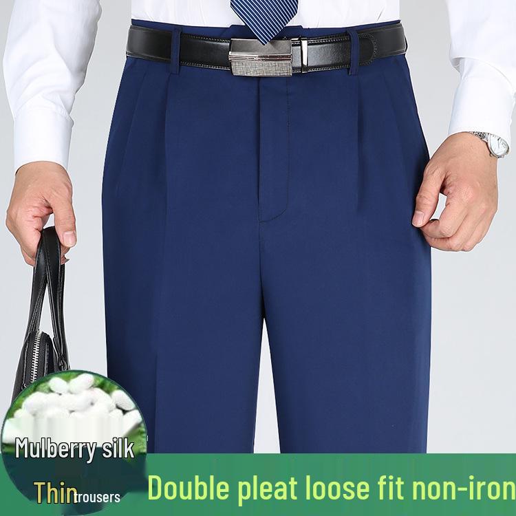 Men's Summer Mulberry Silk Dress Pants: Double Pleated, Loose Fit, Straight Leg, High Waist, Deep Crotch.