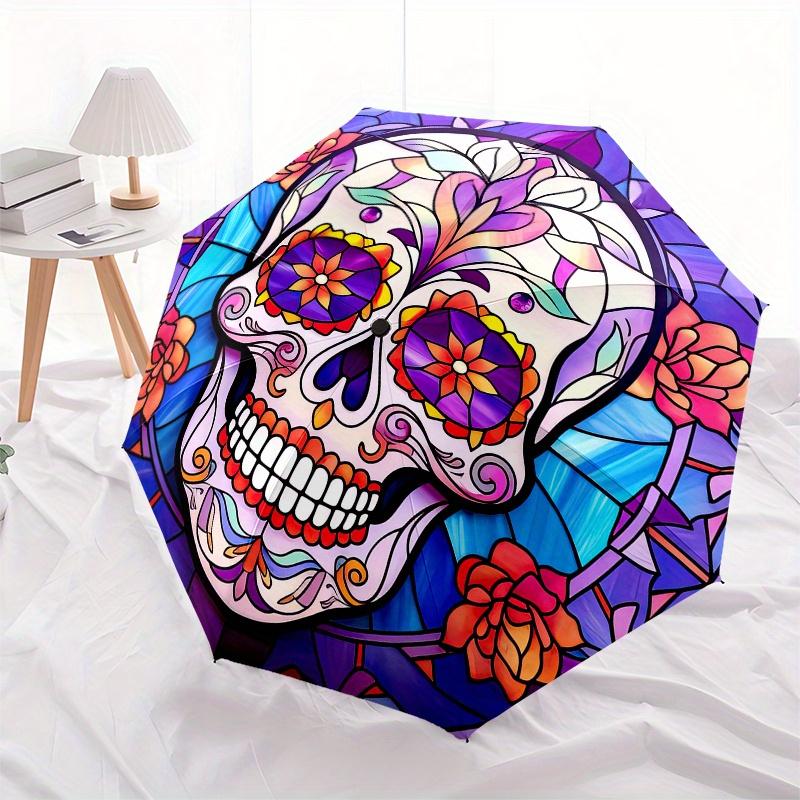 Colorful Sugar Skull Stained Wall Art DecorUmbrella, Portable 3-Fold Compact Umbrella for Men & Women Gift