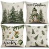 Green Forest Linen Pillow Cover Snowman Pine Tree Theme Pillow Cover Winter Festival Warm Decorative Cushion Cover