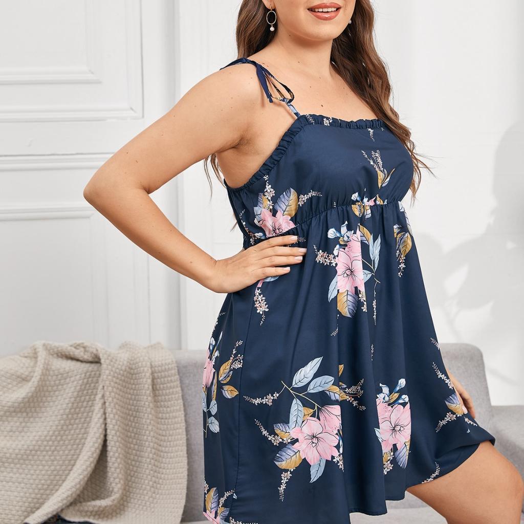 Sommer Große Größe Nachthemd Damen Homewear Nachthemden Bedruckte Neckholder Kleider Vorne Midi Plissee Kurzen Rock