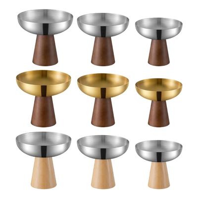 High Footed Ice Cream Bowl Stainless Steel Serving Dish with Wood Base For Home and Restaurants Use