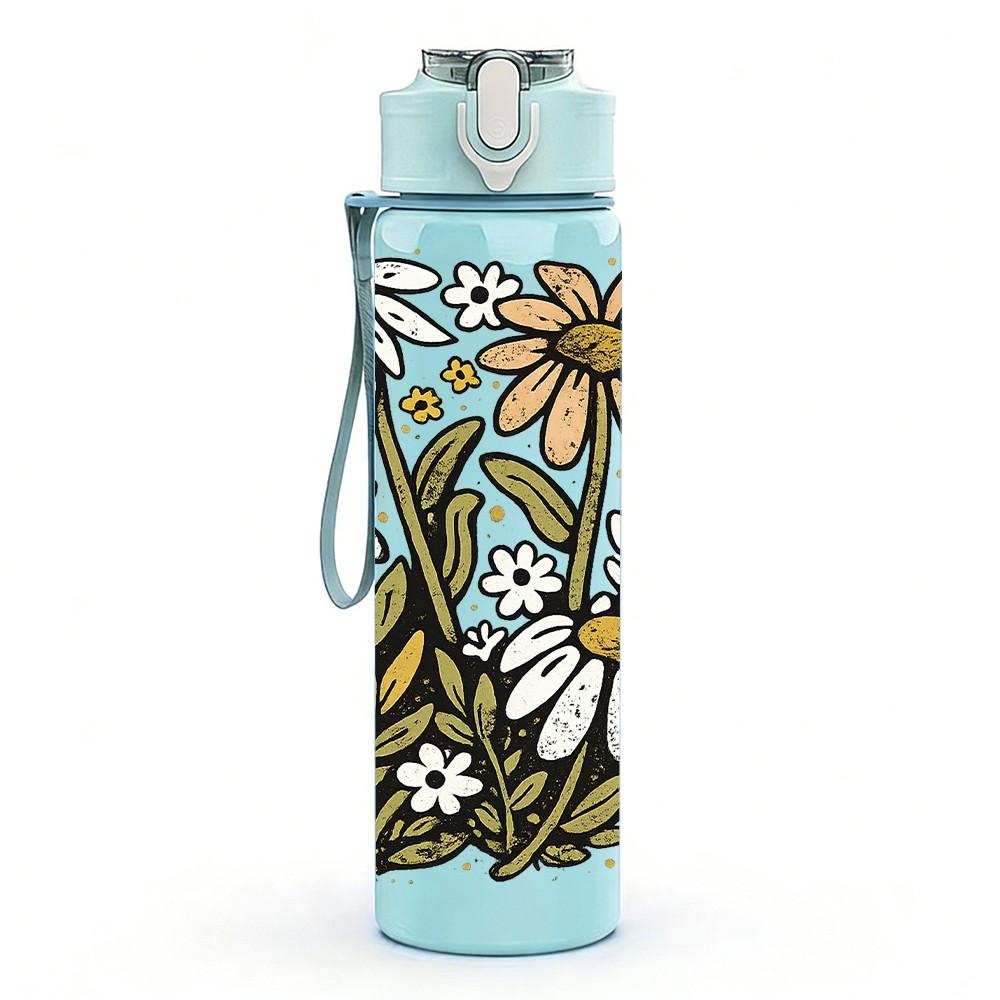 1PC Daisy Wildflower Botanical Print 750ml Color Plastic Sports Water Bottle Leakproof Flip Straw Lid Suitable for Sports Office Home Use