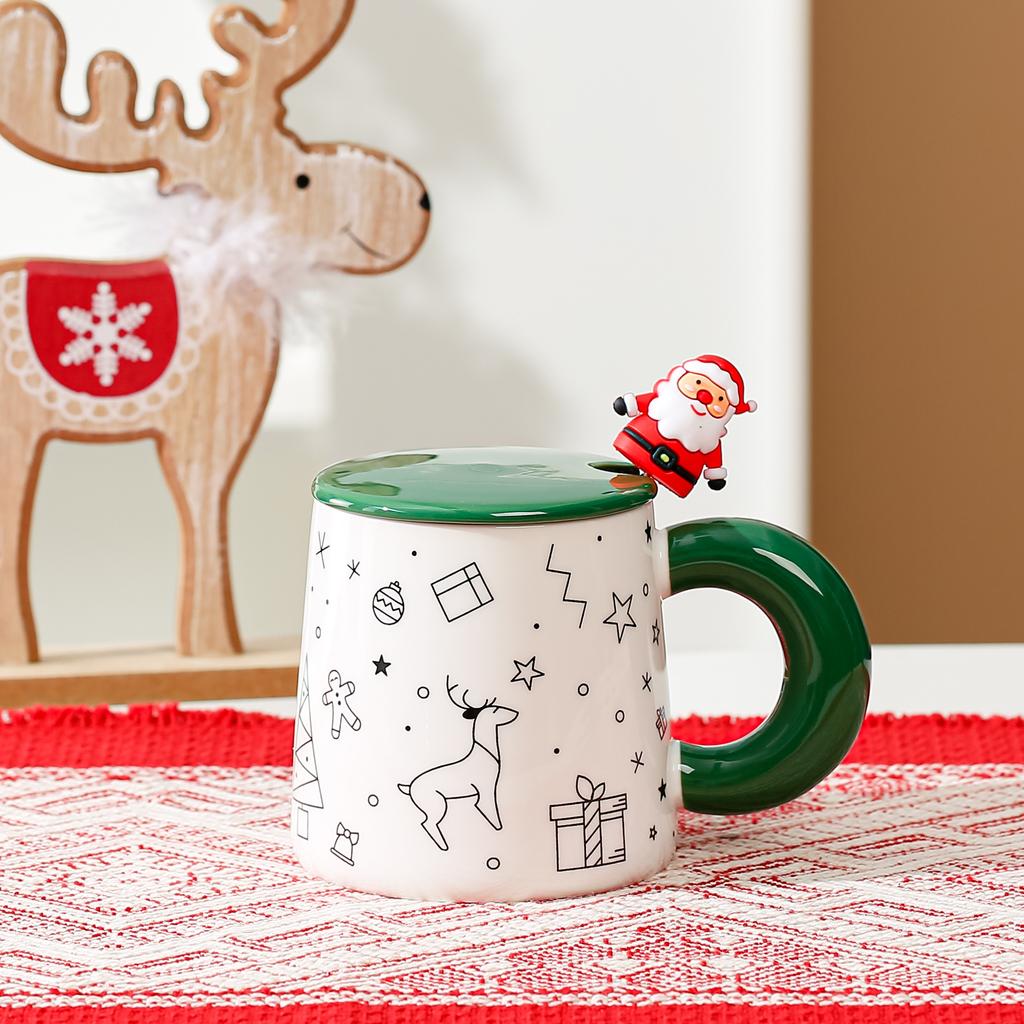 Christmas creative contrasting color cartoon ceramic cup Santa mug student gift water cup with lid spoon cup