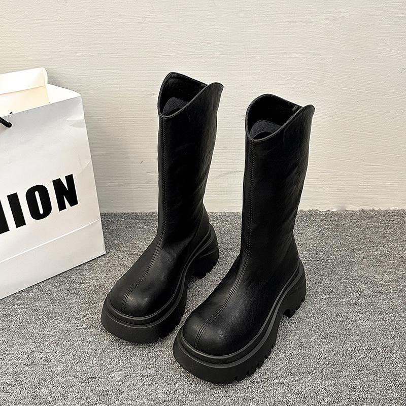 Thick heel thick sole boots women's 2025 spring and autumn new v-mouth thin but knee boots retro versatile knight boots