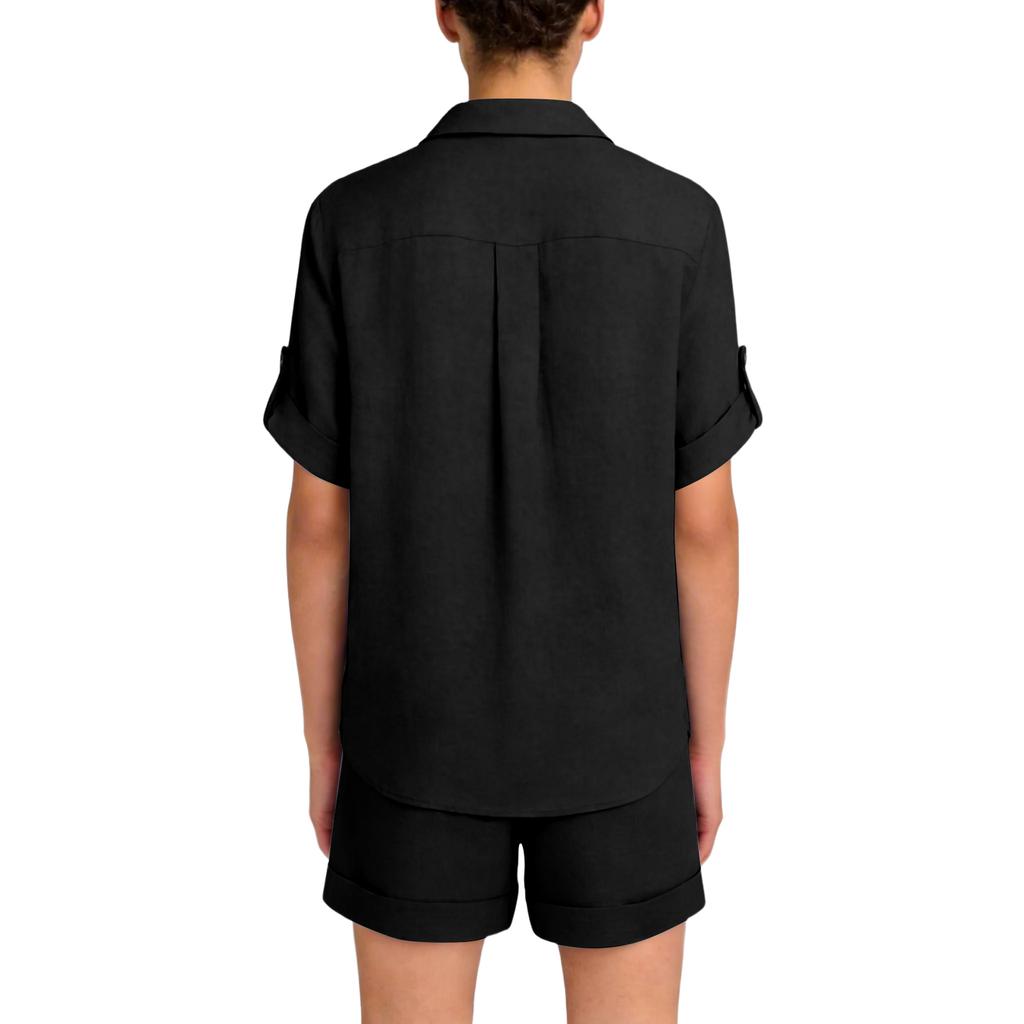 Women Button Down Shirt and Shorts Set Casual Loose Fit Lapel Collar Two Piece Outfit with Rolled Sleeves and Pockets