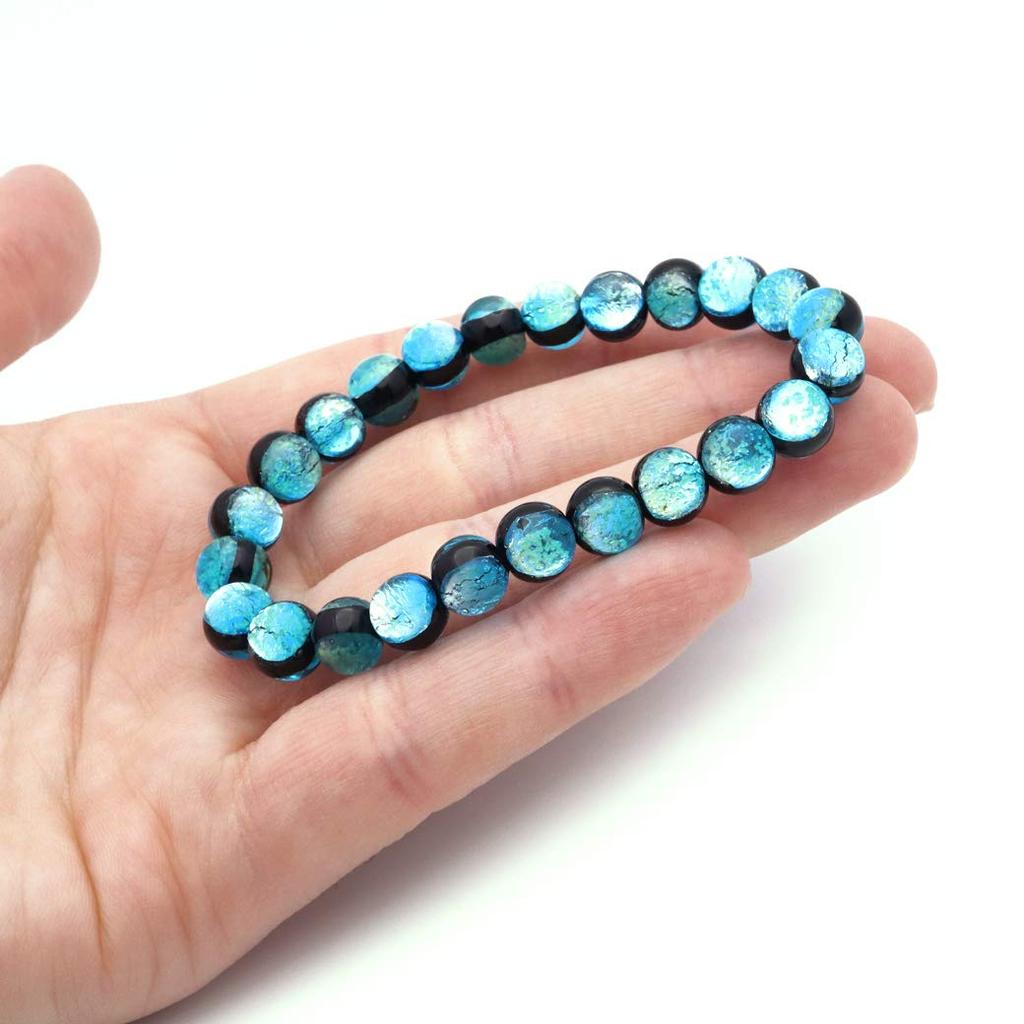 [GOLD STONE] Glowing Hateruma Blue Firefly Glass 8mm Bracelet from Hateruma Island, Okinawa, Inner Diameter: Approx. 16.5cm