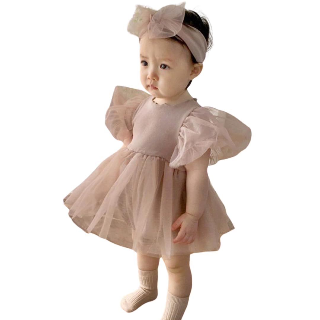 

Детское цельное платье для посещения храма на день рождения, церемониальное платье для девочек, повязка на голову из тюля, детская свадьба на 1 год, 100 дней [germeyshop] (Розовый, 80см)