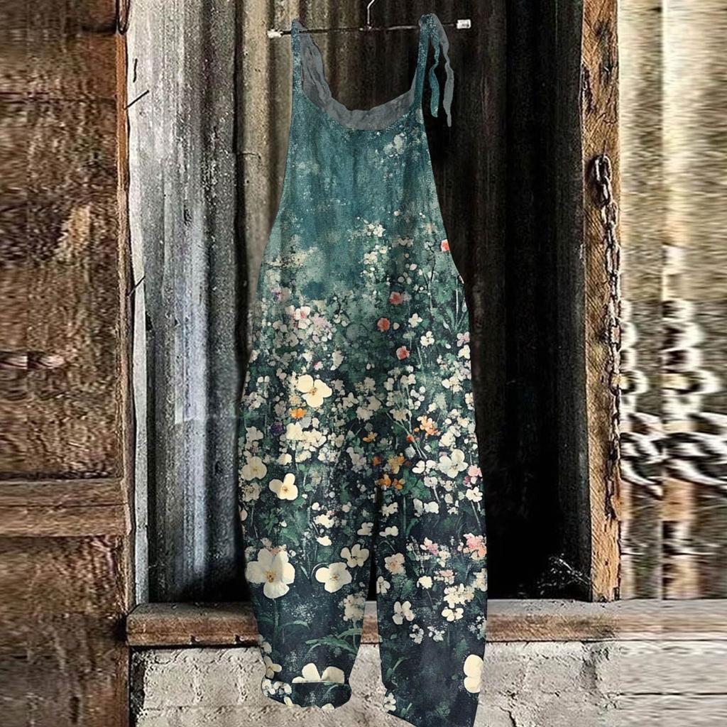 Women's Jumpsuit Floral Print Casual Loose Vintage Shoulder Strap Cotton Linen