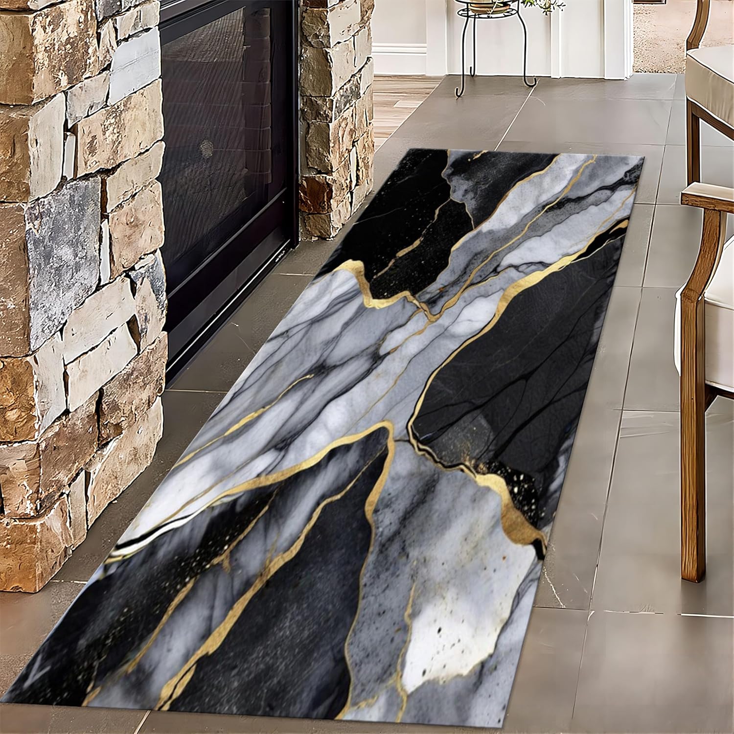 

Modern Marble Texture Runner Rug Nordic Style Indoor Water-absorbent Non-Slip Floor Mat for Bedroom Bedside Balcony Living Room 40X120CM