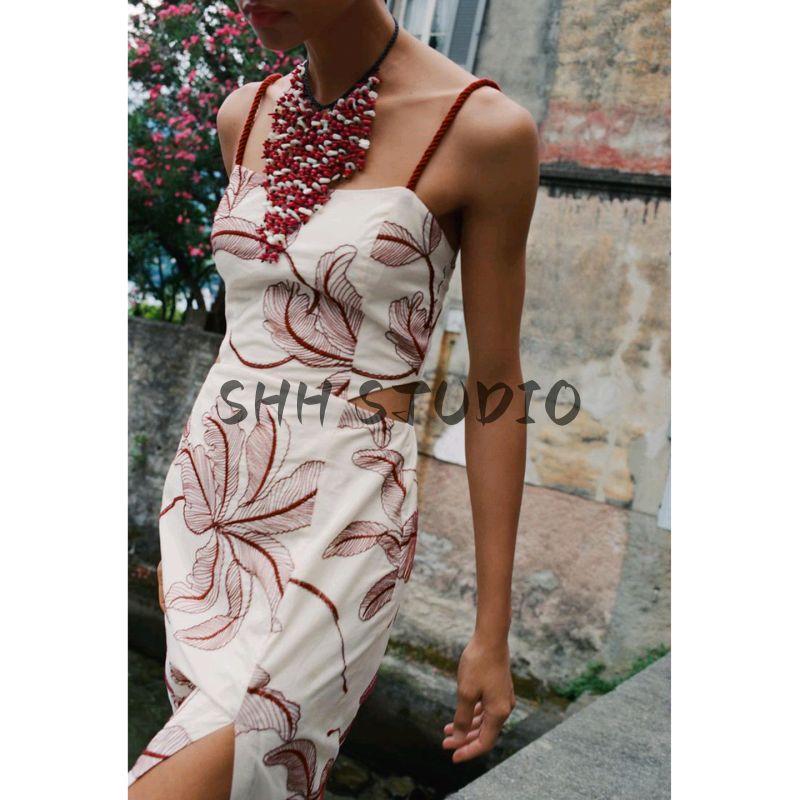 Summer New Product Women's Clothes French Straight-leg Collar Holiday Cut Out Embroider Open Back Midi Skirt Dress 8170901