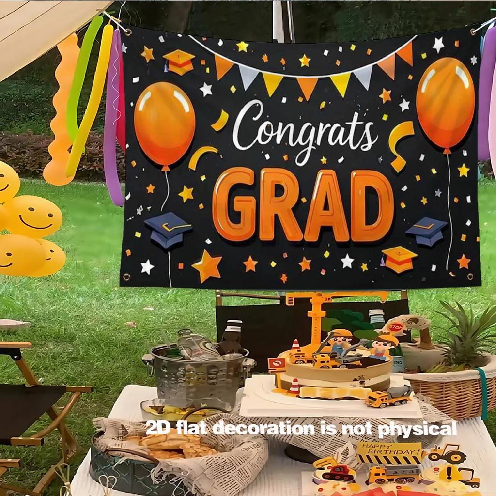 2D plane 1PC Baop graduation banner made of polyester. It has a black background and is decorated with orange balloons.