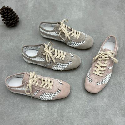 Niche Handmade Genuine Leather Spring Single Shoes Mesh Fabric Matte Reverse Wool Soft Cowhide Casual Women's Shoes