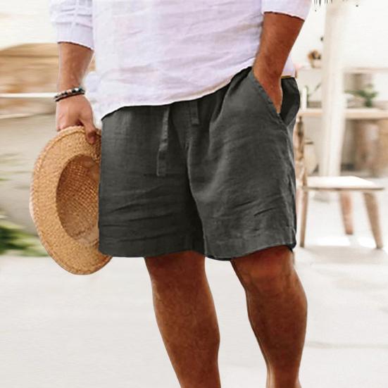 Mid-Rise Elastic Waistband Drawstring Men Shorts Pockets Straight Wide Leg Knee Length Solid Color Loose Fitness Beach Shorts Sportwear