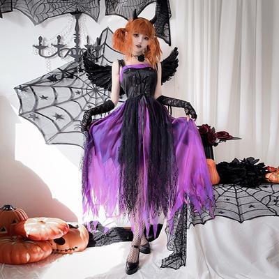 Halloween Adult Costume Wings Dark Angel Ghost Bride Vampire Queen Dress Purple Witch Dress
