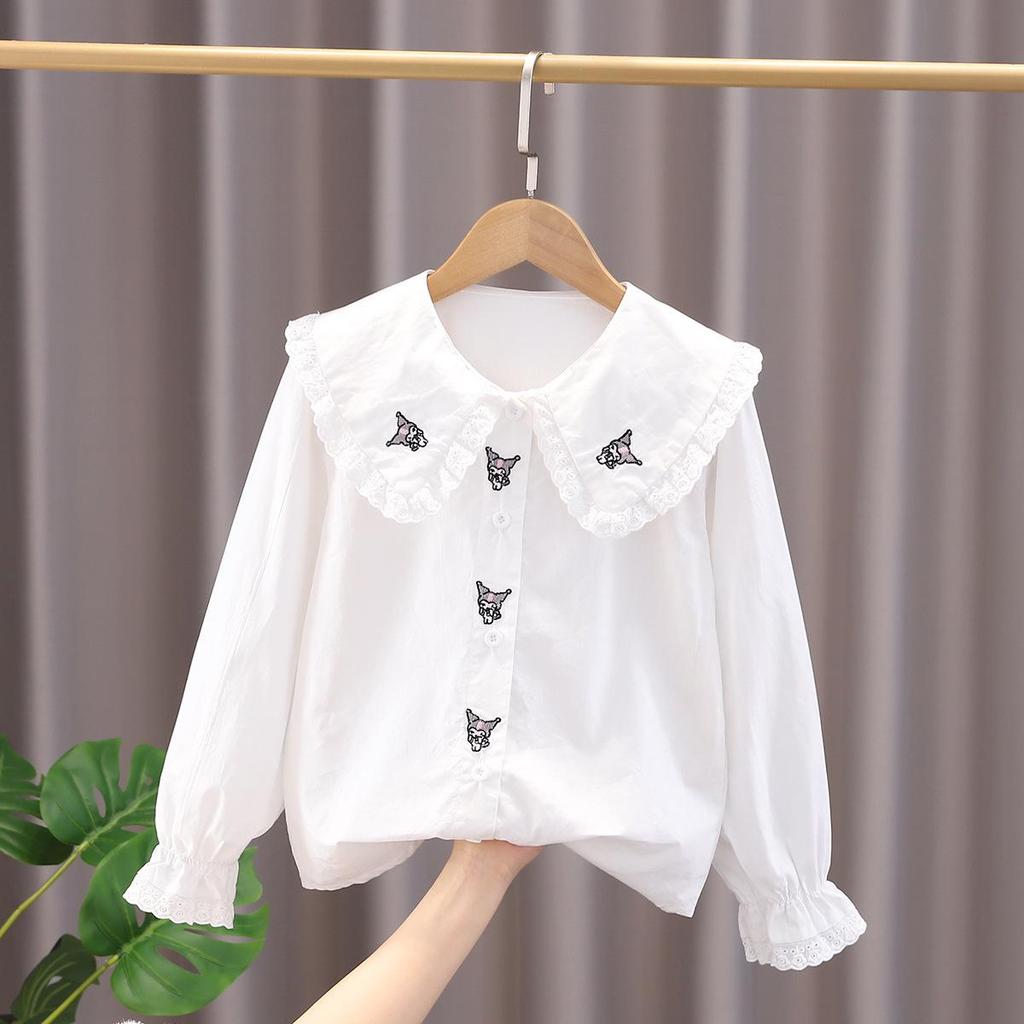 Girls' 100% Cotton White Long-Sleeved Shirt with Doll Collar - Spring/Autumn Style for Older Children