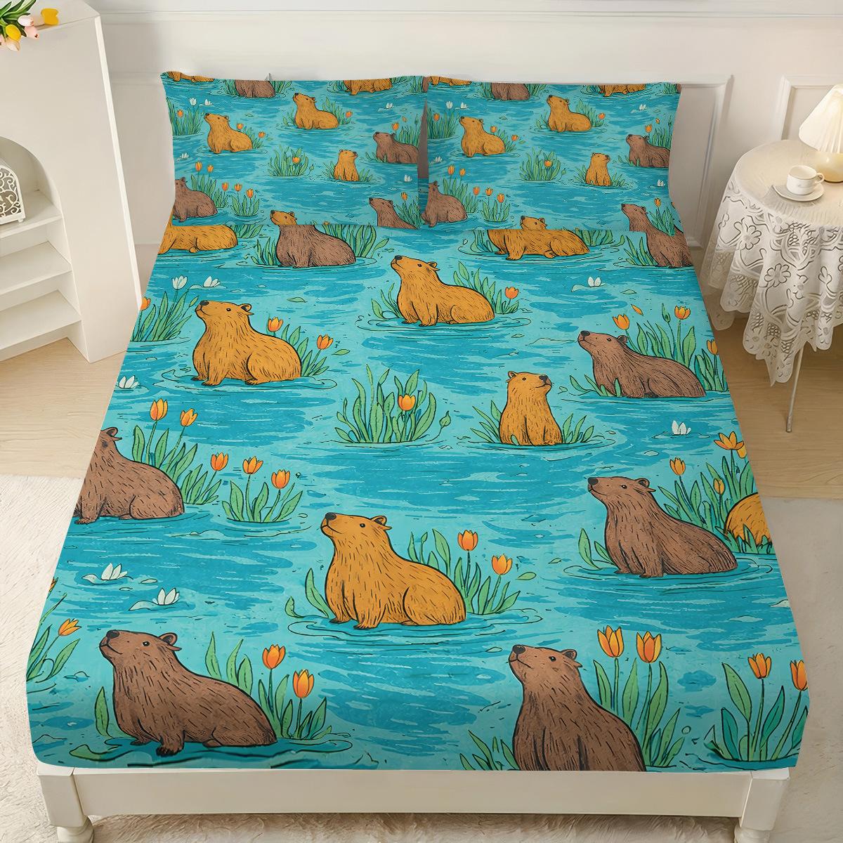 Vtipné Potisk Kapybary Povlak na matraci Microfiber Hluboká kapsa Protiskluzový Potah na matraci Omyvatelný pro Ložnici Dospělé Dospívající 120x200cm Deep 30cm