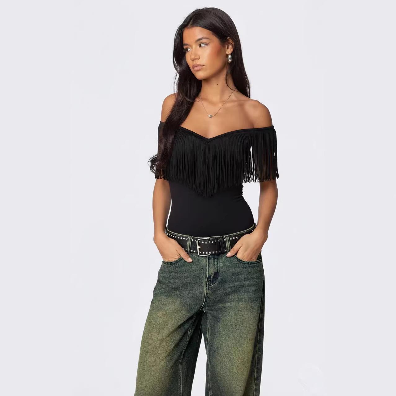 

Chic American Spicy Girl Off-Shoulder Tassel Top: Versatile, Slimming, Casual Street Style. XXL