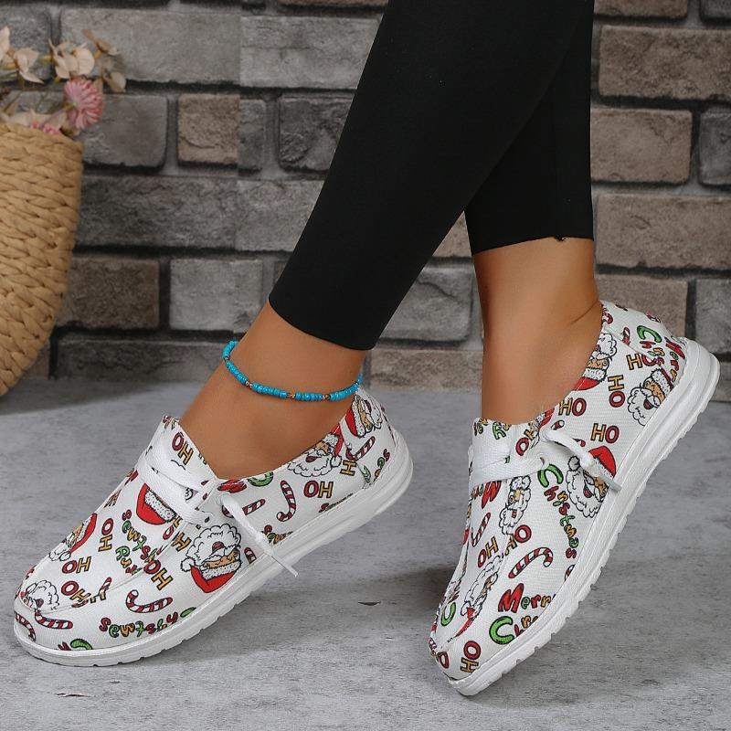 European and American Christmas Graffiti Single Shoes 2024 Autumn New Lace Up Casual Flat Shoes Large 35-43 Vulcanized Shoes