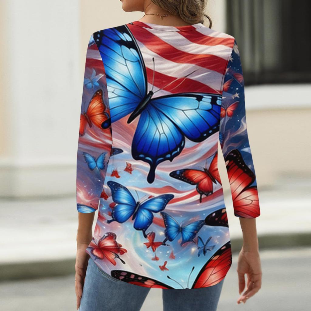 Women's Fashionable Casual Independence Day Flag and Stars Print Neck Three-Quarter Sleeve T-Shirt Top