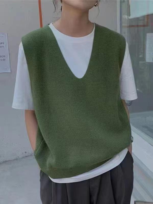 Vintage V-neck knit vest for women, new cross-border loose simple, solid sleeveless knit vest casual outerwear