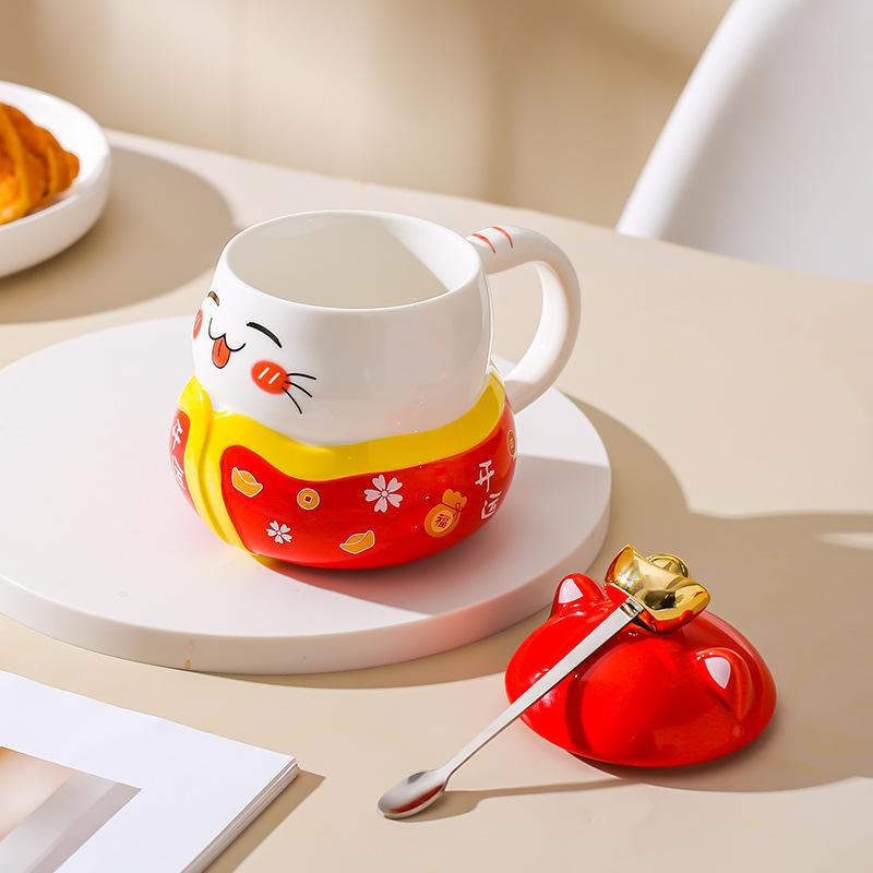 Japanese Creative Lucky Cat Ceramic Mug Cute Cartoon Cup Couple Water Cup with Lid Spoon Gift Coffee Cup