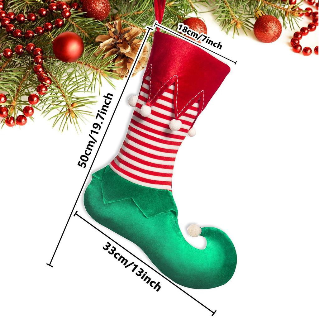 Large Christmas Elf Stocking Ornament with Red & Green Velvet Pom-Poms
